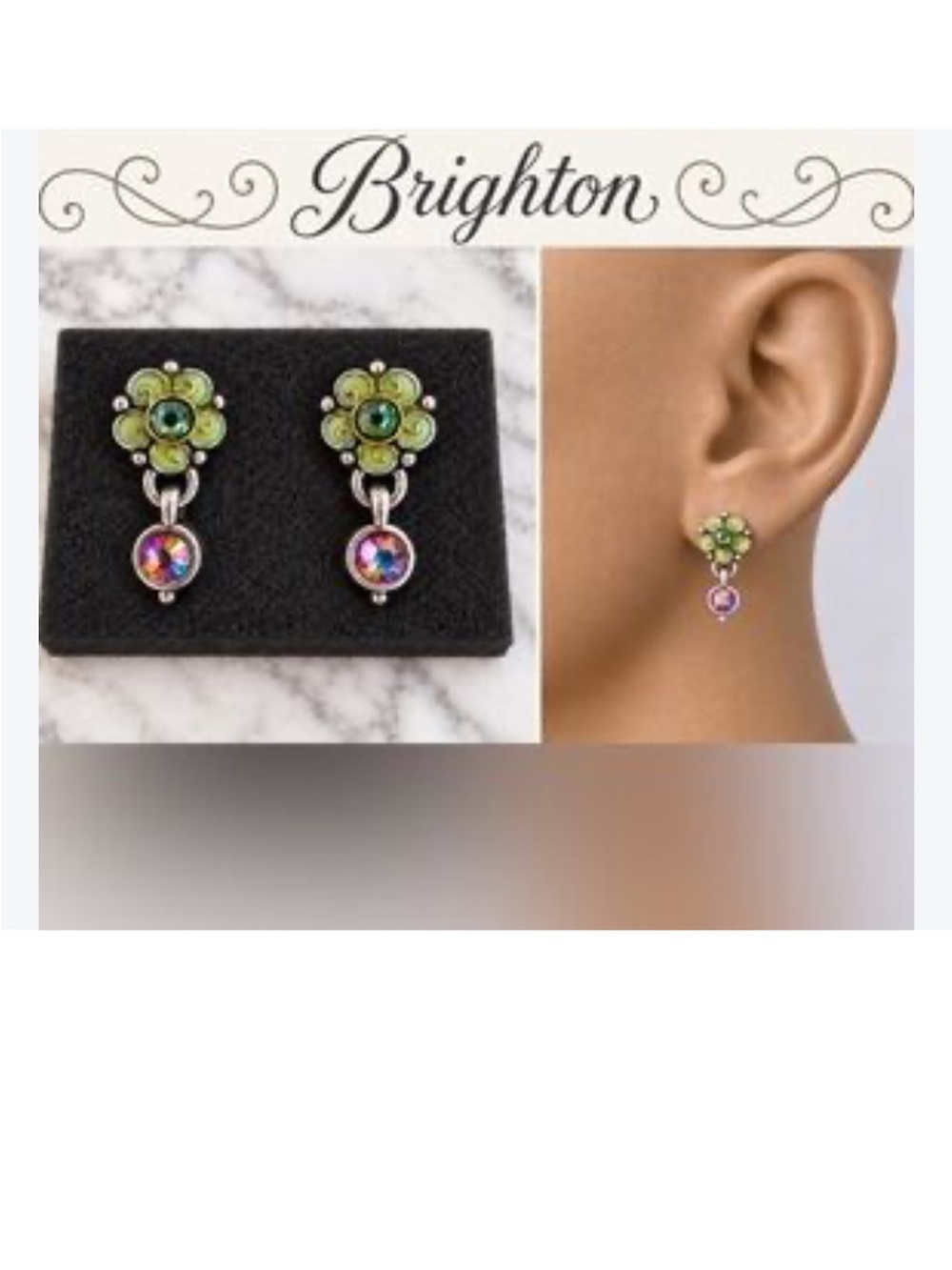 Brighton Lime Green Floral Crystal Drop Earrings with Iridescent Dangles